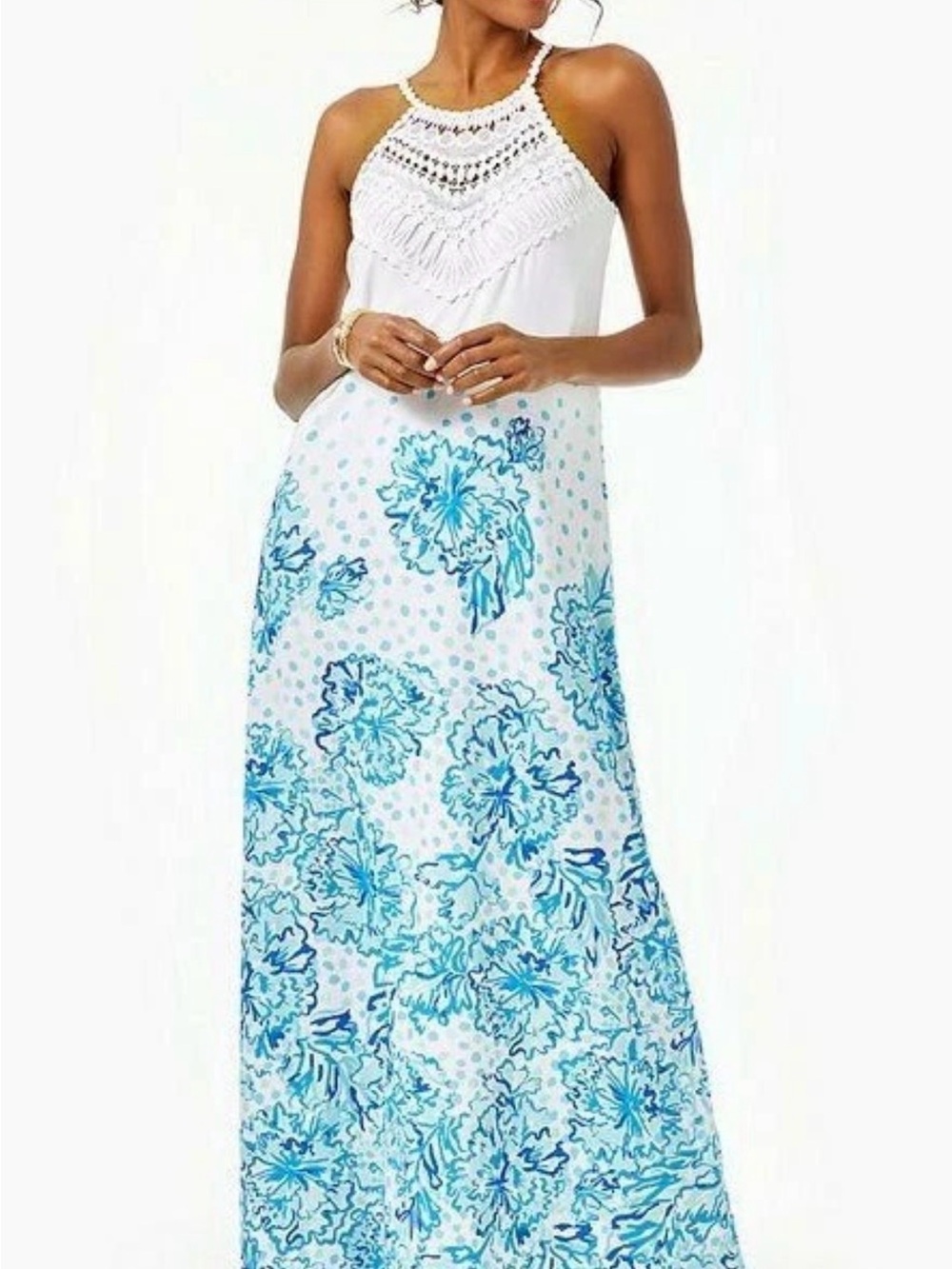 NWT Lilly Pulitzer White Maxi Dress with Blue Floral Print